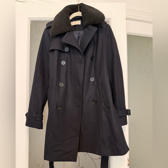 Michael Kors Navy Coat with Shearling Collar - Picture 1 of 7